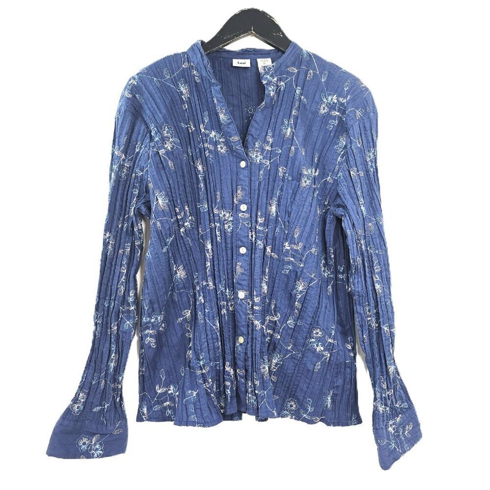 Vintage Lee Periwinkle Blue White Floral Embroidered Crinkle Long Sleeve Top